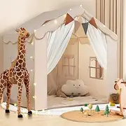 Kids Tent with Padded Mat Playhouse Tent 2 in 1, Kids Play Tent Large Space Indoor with 2 Doors and 4 Windows for Girls Boys with Stars Lights, Carry Bag, Banner Flag (Beige, 2 in 1)