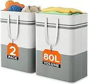 Lifewit 2 Pack 80L Large Freestanding Laundry Hamper, Collapsible Laundry Basket with Easy Carry Handles, Waterproof Tall Clothes Hamper for Laundry Dorm Bedroom Bathroom, Grey-White
