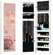 Giantex Mirrored Jewelry Cabinet Door Wall Mounted Armoire Bedroom Large Storage Full Length Mirrored Organizer 5 Storage Shelves Jewelry Cabinets, White