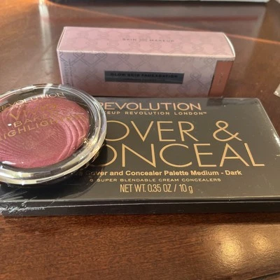 Revolution Makeup LOT Cover/conceal Palette Foundation And Highlighter Dark NIB