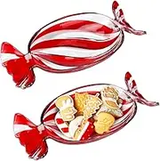 Uiifan 2 Pcs Christmas Peppermint Candy Tray Platter Crystal Glass Fruit Plates Serving Dessert Plates Tableware Red Candy Cane Christmas Dish Decorations for Xmas Holiday Party Favor