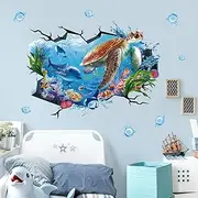 wondever Large Sea Turtle Under The Sea Wall Stickers 3D Underwater Dolphin Tropical Fish Ocean Wall Art Decals for Baby Nursery Kids Bedroom Bathroom