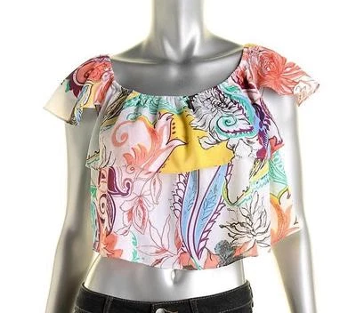 AQUA $78 PINK MULTI FLORAL PEASANT OFF-THE-SHOULDER TOP BLOUSE SHIRT JUNIORS M