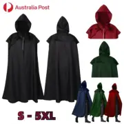 Black Hooded Cape Robe Cloak Cosplay Costume Vampire Witch Wizard Halloween Xmas