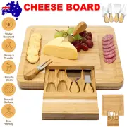 Bamboo Cheese Board Knife Set Large Charcuterie Platter w/ Slide out Drawer Gift