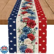 QIONG MENG 4th of July Table Runner Red White and Blue Flowers Stripe Stars 1