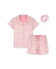 Max & Olivia Big Girls Shorts and Coat Pajama with Scrunchie, 3 Piece Set - Pink