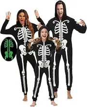 [Veseacky] Matching Family Pyjamas Sets Holiday Halloween Hooded One-Piece PJS Family Jammies Zip Skeleton Glow in Dark Jumpsuit S-XXL