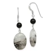 Sterling Silver Polished Black Crystal & Tourmalinated Quartz Oval Dangle Earrings