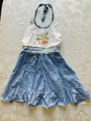 Cracker Barrel Blue Cotton Apron Susan Winget Pink & White Flowers Pocket New
