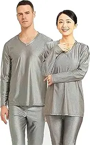 [CNPRAZ] 5G Radiation Shield V-Neck Long-Sleeve Shirt+Pant, Silver Fiber Anti-Radiation Stretchy Underwear, EMF/EMI/RF Blocking Faraday Fabric