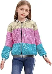 [Lejafay] Kids Girls Sequin Bomber Jacket Zip Up Color Block Coat Casual Long Sleeve Sparkly Outerwear