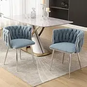 Hand Woven Dining Chairs Set of 2 Boucle Upholstered Side Chairs with Silver Legs Modern Kitchen Accent Chairs with Armrest and Thick Cushion for Dining & Living Room Decor (Light Blue)