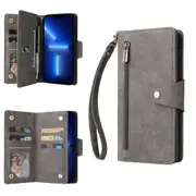 Zip Flip Card Wallet Phone Case For iPhone 11/12/13 Pro Max-Gray