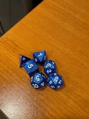 Dice set of 6 - shiny blue, white numbers, polymer - D4, D6, D8, D10, D12, D20