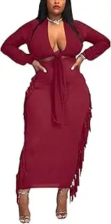 [Mojessy] Skirt Sets Women 2 Piece Outfits Long Lantern Sleeve Crop Top and Fringe Skirt Sheath Party Workout Club
