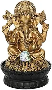 ARTINEST Golden Ganesha Coins Design Polyresin Water Fountain with LED Lights, Water Pump and Crystal Ball (39 x 26 x 26 cm)