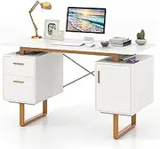Giantex Computer Desk, 129cm Home Office Desk with Floating Desktop, Dual Drawers, Cabinet & Metal Frame, Modern Vanity Table for Living Room & Bedroom