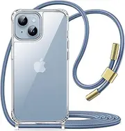 JETech Crossbody Case for iPhone 14 6.1-Inch with Adjustable Lanyard Strap, Clear Transparent Anti-Yellowing Shockproof Protective Phone Cover with Neck Cord (Blue)