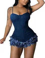 [ECDAHICC] Women's Sexy Short Sleeve Night Club Denim Jumpsuits Rompers Mini Shorts One Piece Stretchy Rompers with Pocket