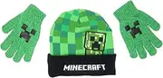 [Mad Engine] Minecraft Creeper Peep Kids Beanie Hat Cap and Gloves Set New Green, Green, One Size