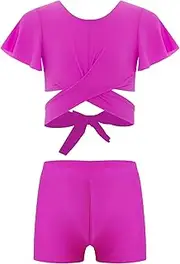 [winying] Kids Girls Two Piece Swimsuit Plain Color Hollow Out Front-tie Crop Top with Boxer Shorts Swimwear