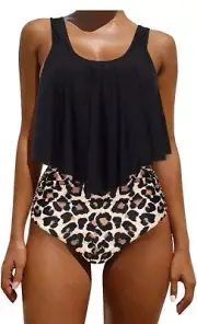 OMKAGI Women Ruffle Bikini Swimsuit High Waisted Bottom Sz XL 10-12 NWT Leopard
