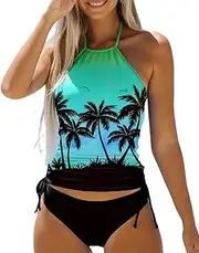 [Generic] Women's Coconut Tree Halter Drawstring Tankini Set Tie Neck Black Blue Green