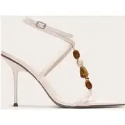 Cream Pu Point Toe Beaded High Stiletto Heeled Sandals, Cream