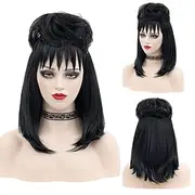 Beetlejuice 2 Lydia Deetz Cosplay Costume Party Wig Bride Fluffy Buns Curly Women'S Black Medium Long Straight Beetle Wig With Bangs Carnival Costume Accessori