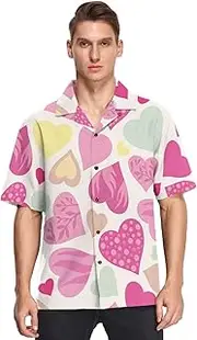 [GuoChe] Hawaiian Mens Button Up Short Sleeve Shirts Summer Valentine's Day Doodle Pink Hearts Beige Casual ropa de Vestir para, Valentine's Day Doodle Pink Hearts Beige, Large