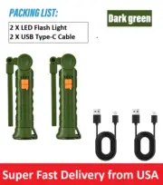 2 X Rechargeable LED Work Light Camping Flashlight Rotatable(Green) 4 Light Mode