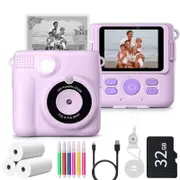 Instant Print Camera for Kids Zero Ink Print Photo Camera with 32G TF Card-Purple