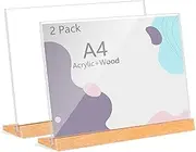 2-pack A4 Acrylic Sign Holders, Horizontal L-Shape Acrylic Table Stands Wooden Base Menu Holders for Restaurants, Office, 297 * 210mm