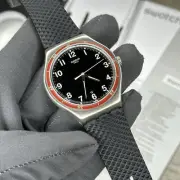 NEW✅ Swatch Irony RED WHEEL Steel Black Silicone Number Dial Men's Watch YWS417