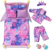 K.T. Fancy 8 PCS American 18 Inch Girl Doll Clothes & Accessories Halo Dyeing of Doll Sleeping Bag,Pajamas,Eye Mask,Unicorn Slippers,Pillow