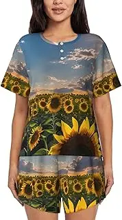 [ASBBTYG] Sunflowers Sunlight Print Comfy Loungewear For Ladies Pajama Set Short Sleeve Women Sleepwear All Seasons Black