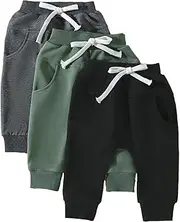 [MAINESAKA] Toddler Baby Boys Harem Pants 3 Pack Drawstring Solid Terry Active Joggers Pants Cotton Pull-on Crawling Sweatpants