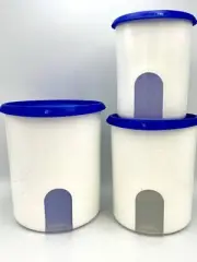 New TUPPERWARE One Touch Window 3 Canister Set Blue Seal Lid