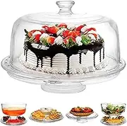 Extra Large (12") 6 in 1 Acrylic Cake Stand with Dome Lid Multifunctional Serving Platter and Plate, Salad Bowl/Veggie Platter/Punch Bowl/Desert Platter/Chips & Dip - BPA Free