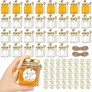 AuroTrends 3oz Mini Honey Jars with Dipper 30Pack, Glass for Baby Shower Favors/ Wedding Favors Guests Bulk-Mini Wooden Dippers/ Bee Charms/ Thankyou Stickers/ Jute Twine (3oz-30Pack) ,Gold
