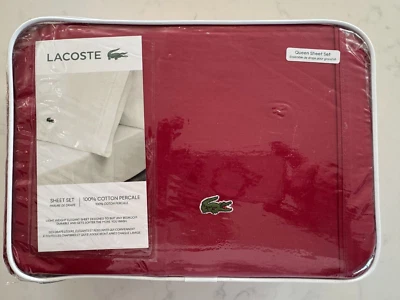 Lacoste 100% Cotton Percale Solid Sheet Set, Breathable, Chili Pepper, Queen