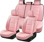 Coverado Car Seat Covers Full Set, 5 Piece Car Seat Protector with Removable Headrest, Nappa Leather Breathable Front Back Rear Seat Cushion Universal Fit for Truck Automotive Most of Cars Pink