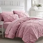 Ubauba 7pc Pink Queen Comforter Set, Pintuck Bed in a Bag Blush Bed Set with Comforters and Sheets 7 Piece, All Season Pinched Bedding Sets for Women (Pink,Queen Size)