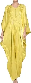 [KEOYA] Women's Shiny Long Dress V-Neck Batwing Sleeve Kaftan Dress Solid Ethnic Maxi Robe