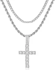 [GEMOSA] Cross Chain for Men 14K Gold Silver Plated Solid Iced Out 5A+ Cubic Zirconia Stainless Steel Cuban Link rope Layered Chains 16-24 Inch Large Cross Diamond Pendant Nceklace for Women Boys Girls Jewelry Gifts