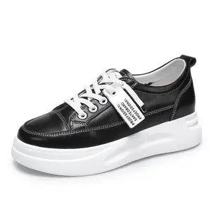 T2R-正韓空運-織帶造型真皮帆布鞋小白鞋隱形增高鞋-增高6公分-全黑