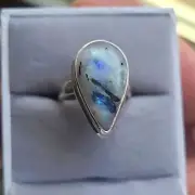 Black Tourmaline in Moonstone Solid Sterling Silver ring. Size 5.5