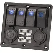 4 Way Illuminated Switch Panel With USB, 12V and 2 x Battery Plugs