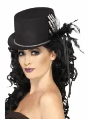 Halloween Black Top Hat with Skeleton Hand, Feathers & Ribbon Pk 1